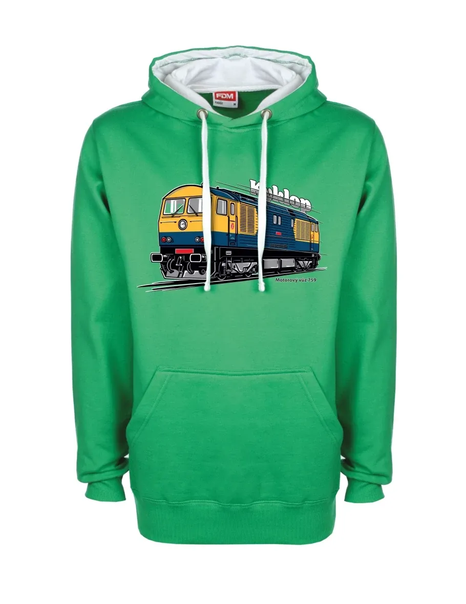Bílo-zelená mikina Motorový vozeň 759 „Kyklop“
