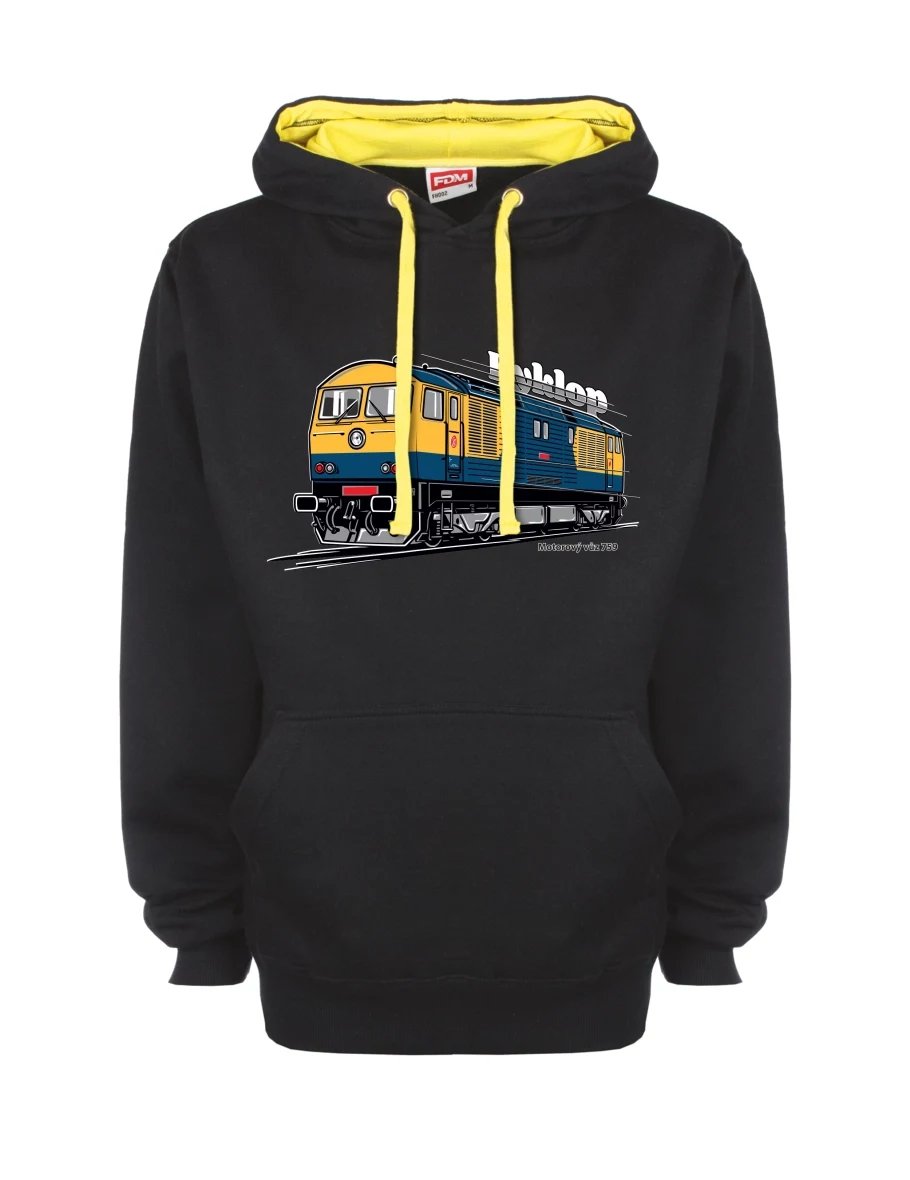 Žluto-černá mikina s Motorový vozeň 759 „Kyklop“
