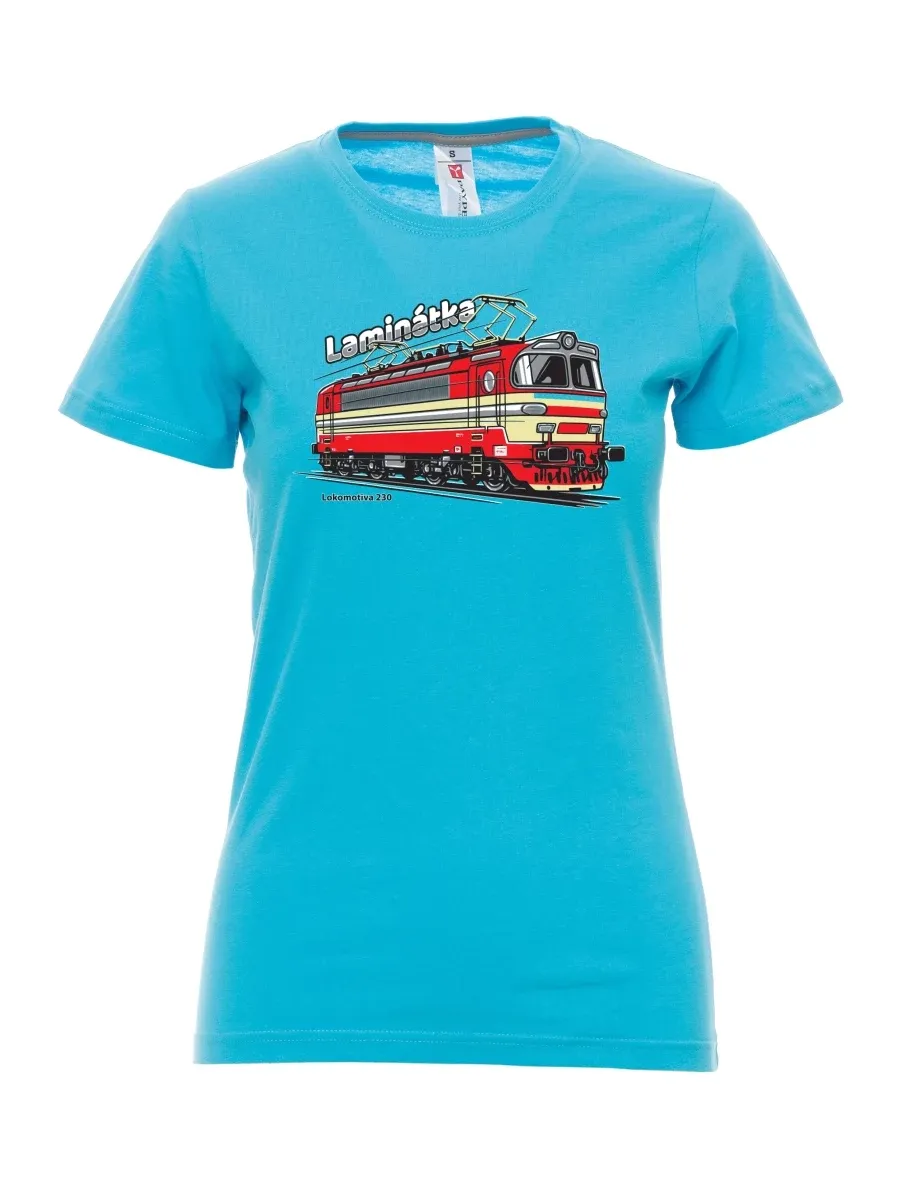 Atolově modré dámské tričko Lokomotíva 230 „Laminátka“