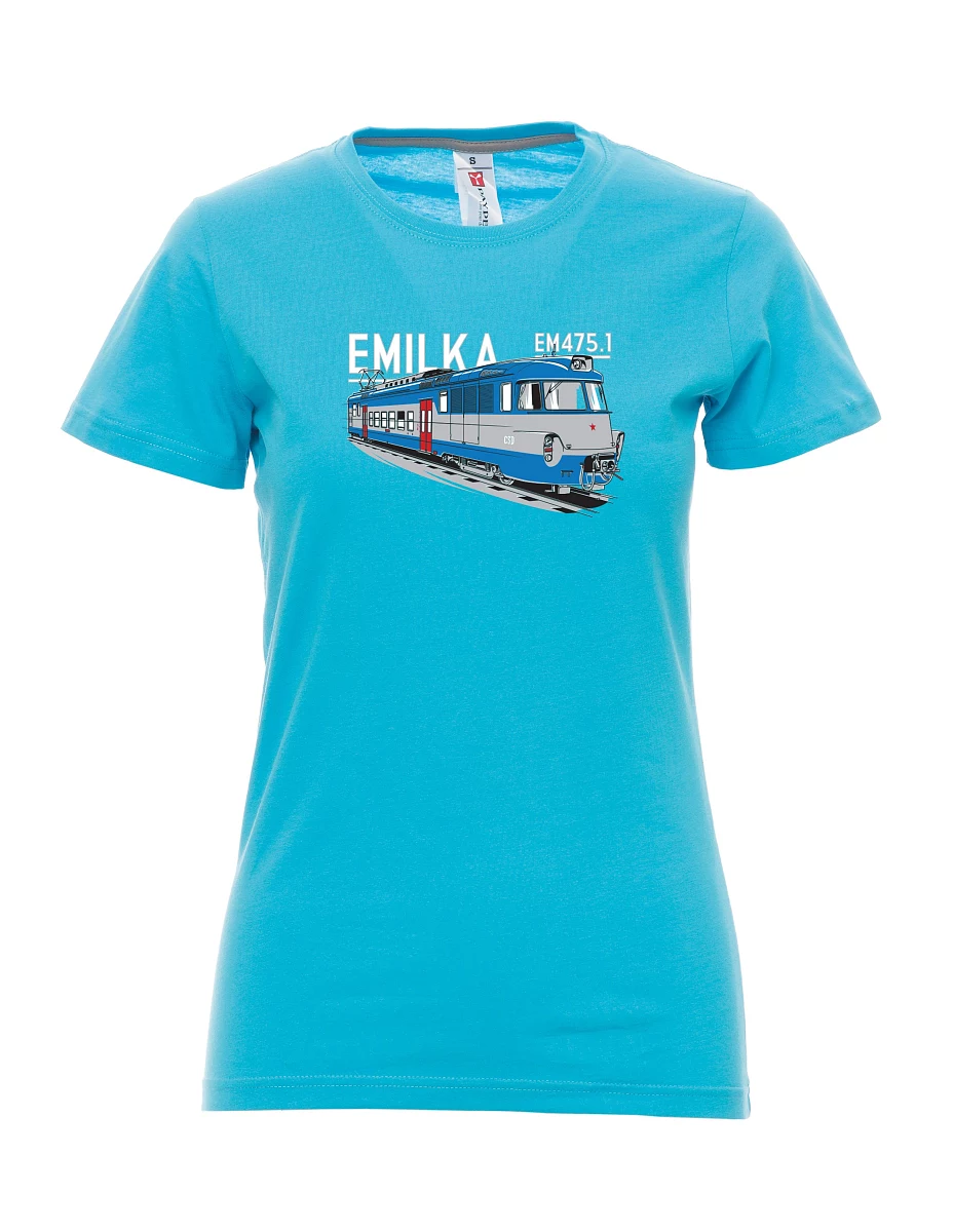 Atolově modré dámské tričko Elektrické jednotky 475.1 "Emilka"