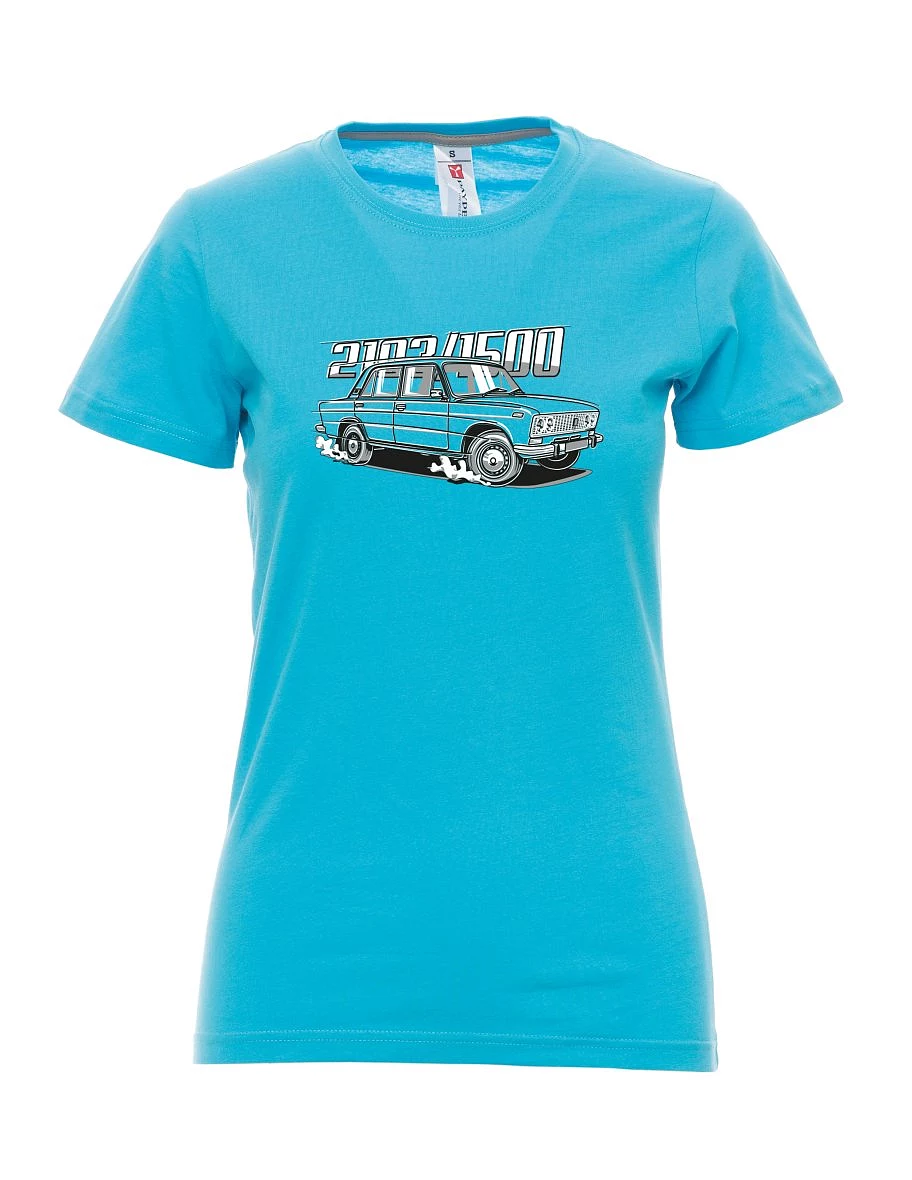 Atolově modré dámské tričko s motívom Lada 2103 / VAZ 1500