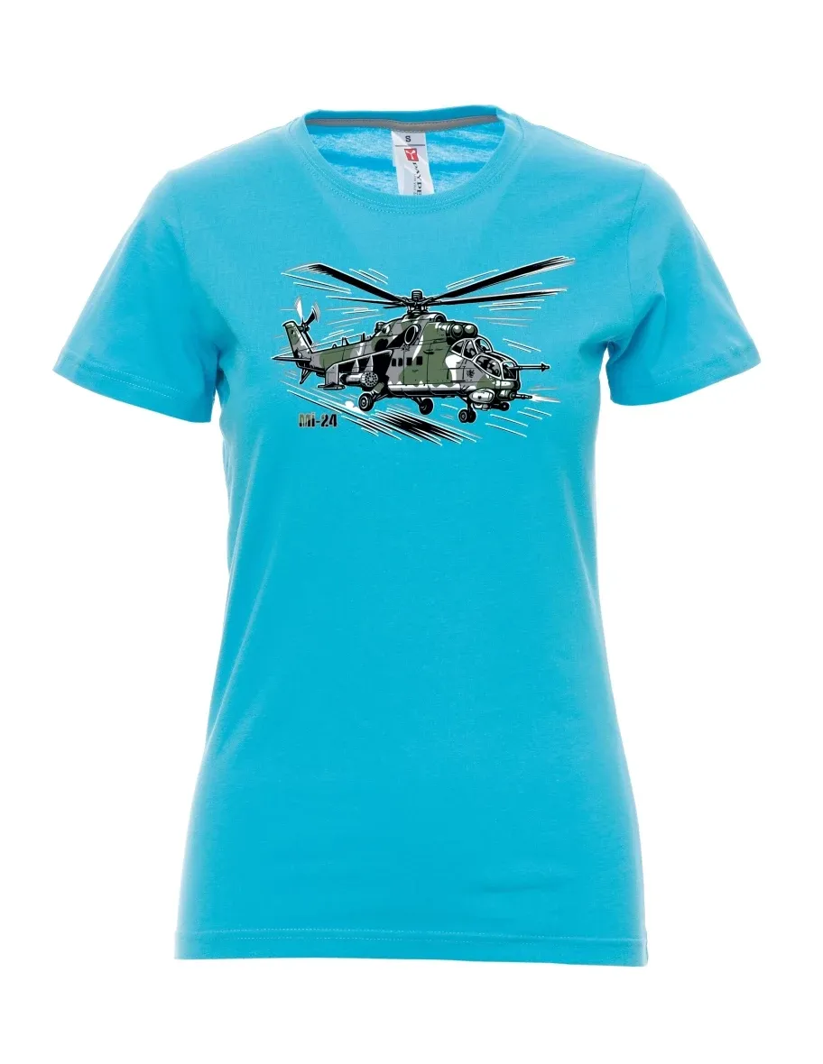 Atolově modré dámské tričko Vrtuľník Mi-24