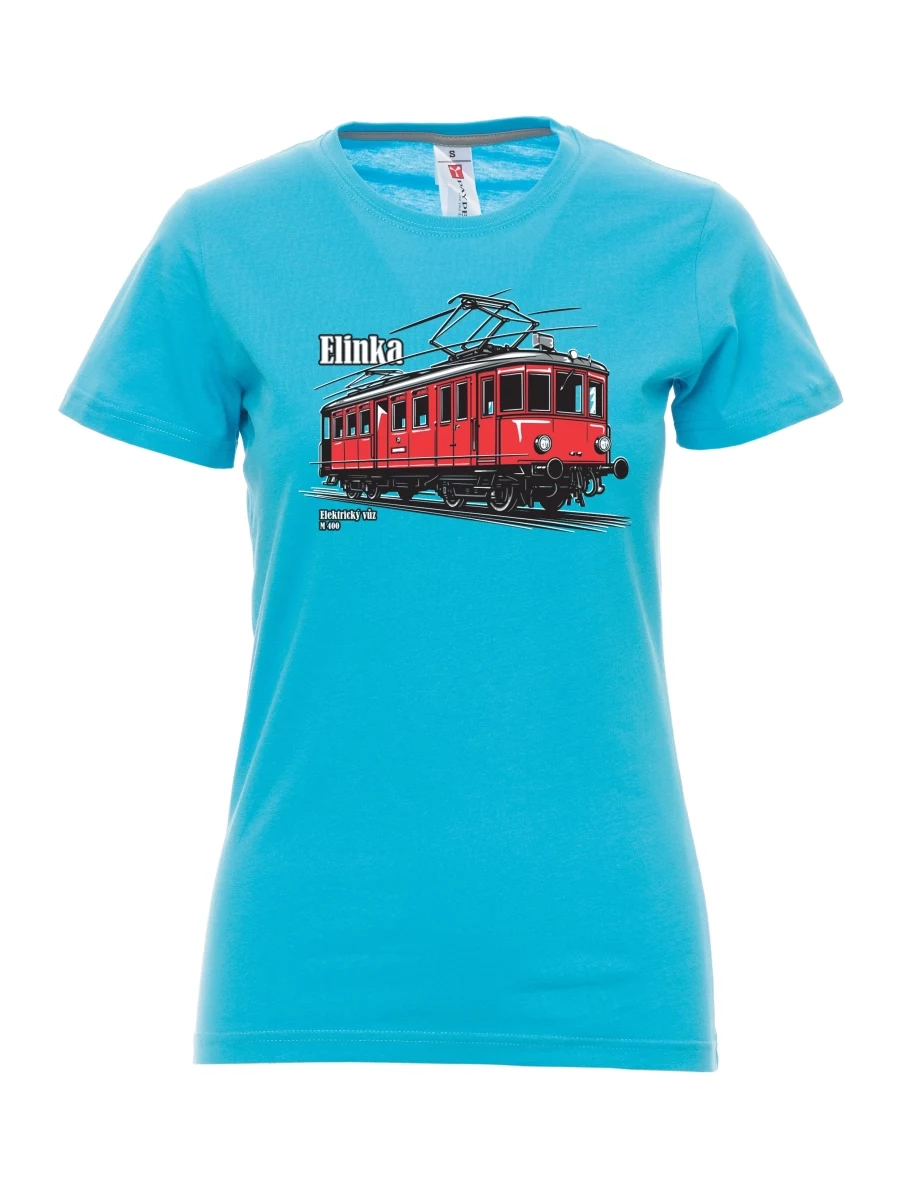Atolově modré dámské tričko Elektrický vozeň M 400 „Elinka“