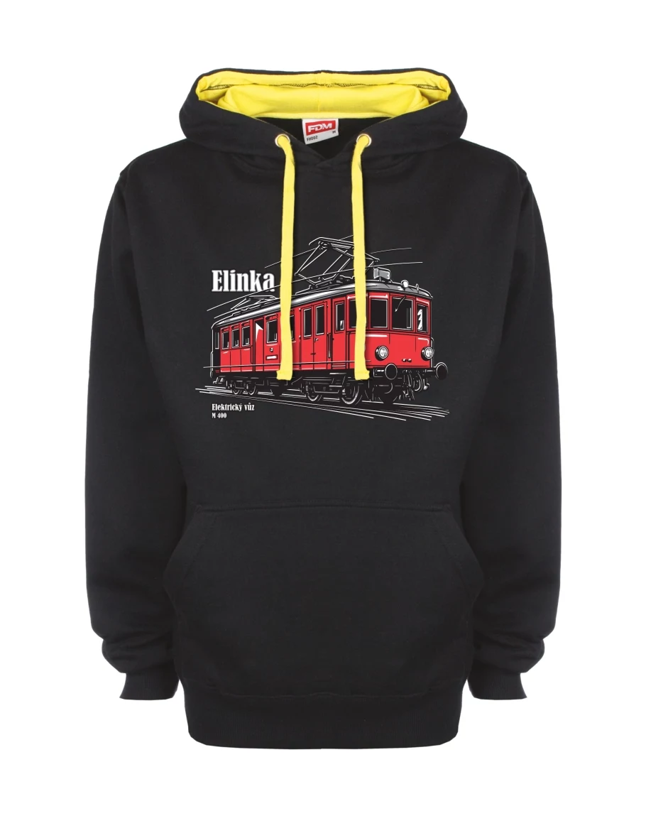 Žluto-černá mikina s Elektrický vozeň M 400 „Elinka“